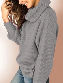 Áo len nữ cổ cao dáng rộng, kiểu dáng thường ngày, chất liệu dệt kim gân, tay dài, màu xám nhạt. - Xám - Xem 9