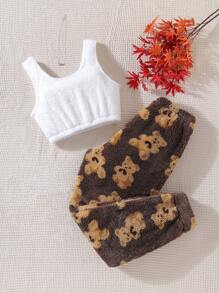 Women's Cute Bear Embroidery White Tank Top And Pants Casual Lounge Outfit Set, Fall Winter Clothes, Fluffy Pajama, Cozy - White - View 2