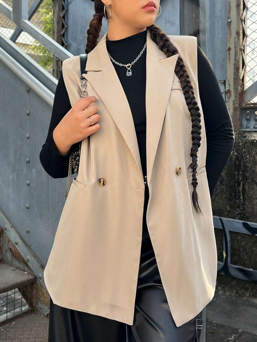 SHEIN EZwear Plus Lapel Neck Double Button Vest Blazer - Khaki - View 1