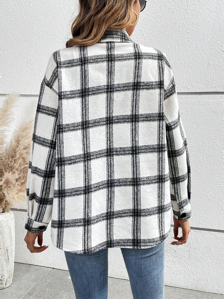 Women's Checked Woolen Coat With Lapel Collar