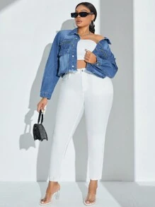 SHEIN SXY Plus Size Short Denim Jacket With Zipper & Pocket Design And Fringe Hem - Dark Wash - View 4