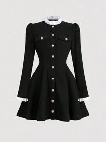 Sweetra Vestido de manga larga con bloque de color y ribete de encaje