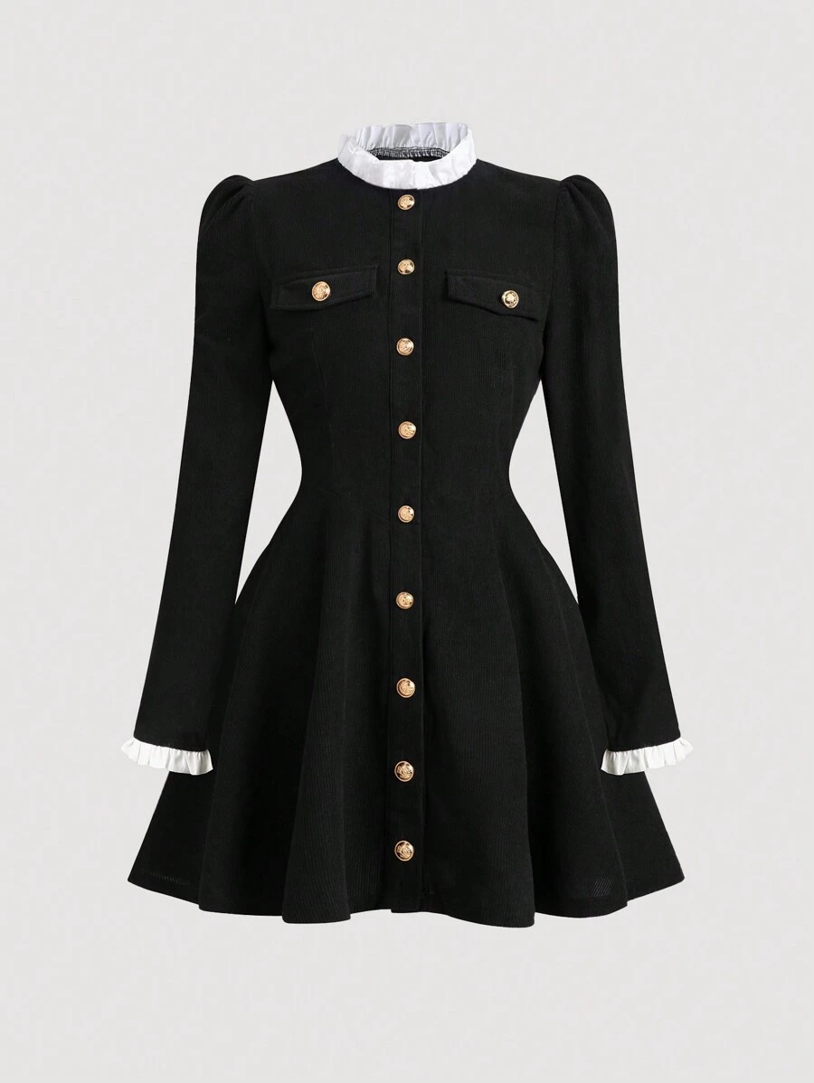 Sweetra 拼色蕾丝边长袖连衣裙