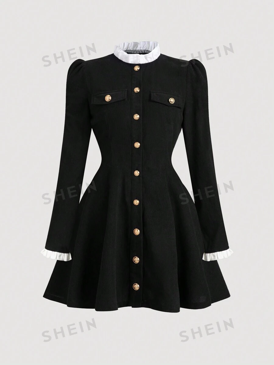 Sweetra Vestido de manga larga con bloque de color y ribete de encaje