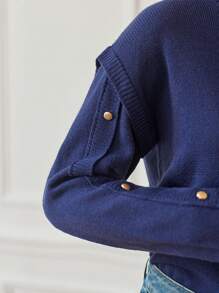 SHEIN Frenchy Casual Pullover Sweater With Metal Button Embellished Sleeves - Navy Blue - View 2