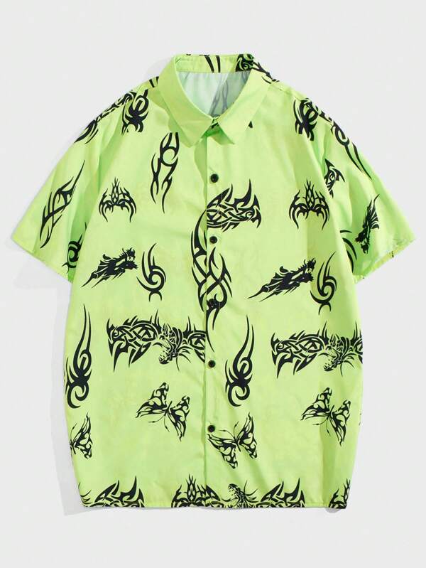 ROMWE MEN Anime Men's Short Sleeve Turn-down Collar Shirt