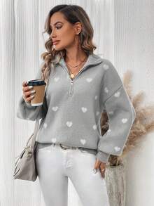 SHEIN LUNE 女士帶心形圖案的半拉鍊毛衣 - 灰色 - 查看 3