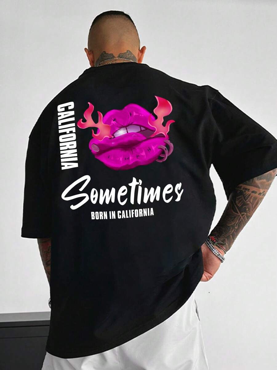 Manfinity LEGND 男士唇形和字母印花短袖t恤 - 黑色 - 查看 1