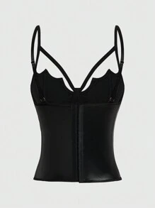 ROMWE Goth Faux Leather Batwing Strap Cami Top Graphic Tees Women Tops - Black - View 2