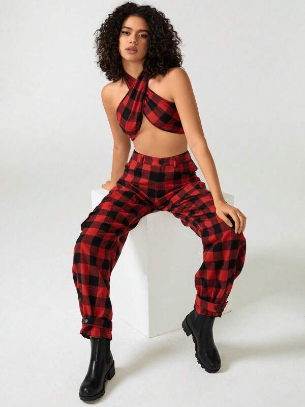 PlanetJAG Pantalones de cargo con diseño de burbujas y bolsillo con solapas estampados a cuadros para mujeres diseñadores, para verano y vacaciones