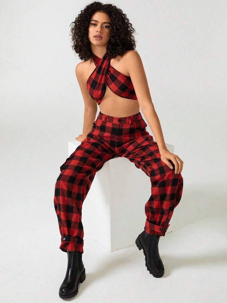 Designer Women Plaid Print Flap Pocket Side Cargo Bubble Pants, For Summer, Holiday