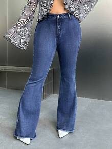 SHEIN ICON Plus Size Women's Flare Jeans, Fall Women Clothes - Blue - View 5