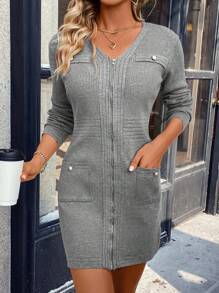 SHEIN Privé Zipper Detail Long Sleeve Knitted Sweater Dress