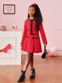 SHEIN Traje De Vestido De Moda Tejido Para Niñas Inspirado En Bloques De Colores - Rojo - Ver 3