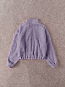 SHEIN EZwear 女式毛絨半拉鍊運動衫帶字母拼貼 - 紫丁香色 - 查看 2