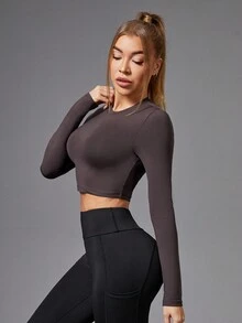 SHEIN Yoga Basic Solid Color Long Sleeve Round Neck Short Sports T-Shirt - Coffee Brown - View 5