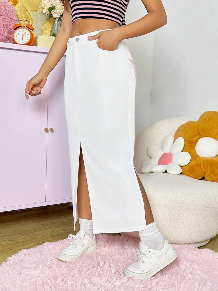 Casual Star Patterned Slit Hem Long Skirt