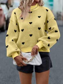 SHEIN LUNE Women'S Stand Neck Loose Fit Heart Pattern Drop Shoulder Casual Sweater