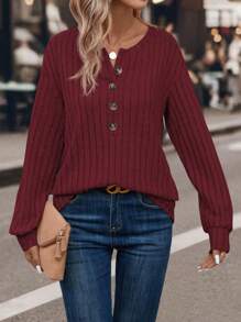 SHEIN LUNE 假連結設計長袖休閒t卹 - 酒紅色 - 查看 1