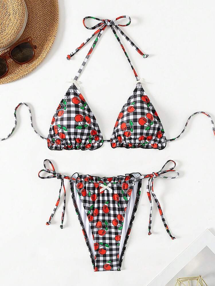 Women's Plaid & Cherry Print Bikini Set Valentine Summer Beach