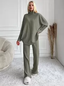 RueChic Women's Monochrome Ribbed Knit Two Piece Set - Olive Green - View 3