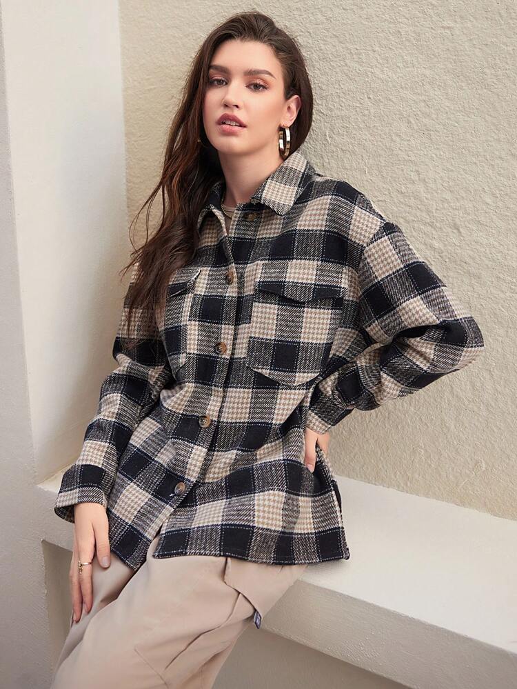 Chaqueta Casual A Cuadros Estilo Camisa Con Bolsillo Volteado