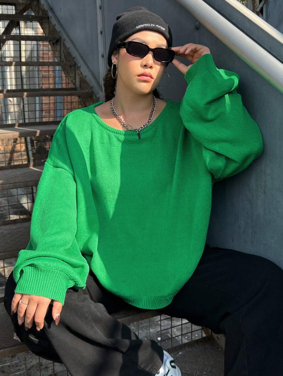 SHEIN EZwear Kích thước lớn Xu hướng: Cắt giảm Màu thuần Áo chui đầu Áo len Với Trở lại Chi tiết cà vạt - màu xanh lá - Xem 1