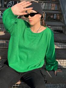 SHEIN EZwear Kích thước lớn Xu hướng: Cắt giảm Màu thuần Áo chui đầu Áo len Với Trở lại Chi tiết cà vạt - màu xanh lá - Xem 4