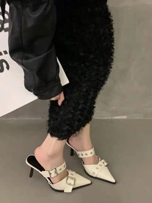 女士复古尖头玛丽珍皮鞋英伦风平底鞋2025春秋新款法式时尚粗跟高跟鞋 - 米色 - 查看 4