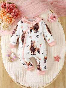 Baby Girls' Cute Cow Printed Long Sleeve Jumpsuit For Winter - Multicolor - View 1