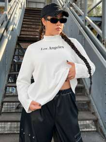 SHEIN EZwear Große Größe T-Shirt mit Buchstaben Grafik, Rollkragen - Weiss - Übersicht 3