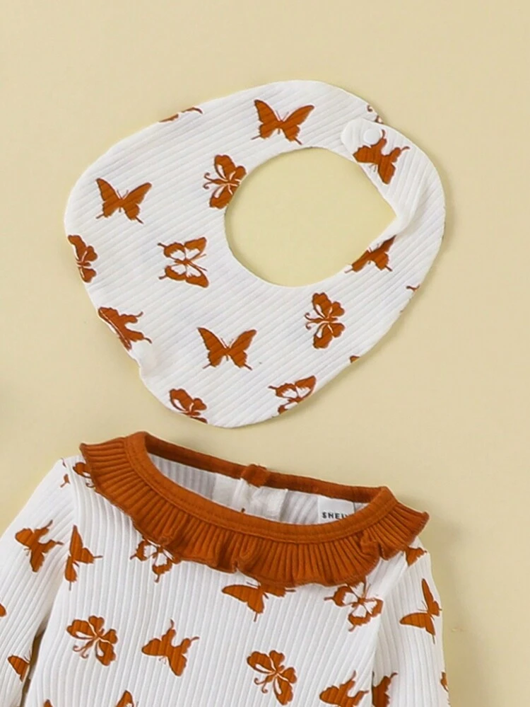 Baby Girls' Multi-Piece Set With Ribbed & Solid Butterfly Print Fashionable Comfortable Gift Set For Autumn And Winter