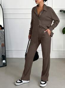 EURMUSE Solid Color Fine Ribbed Knit Leisure Comfortable Set - Brown - View 3