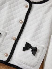 SHEIN Girls' Woven Colorblock Collarless Short Jacket And Woven A-line Skirt Two Piece Set - White - View 5