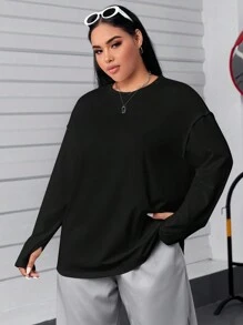 SHEIN EZwear Plus Size Solid Color Drop Shoulder T-Shirt - Black - View 1