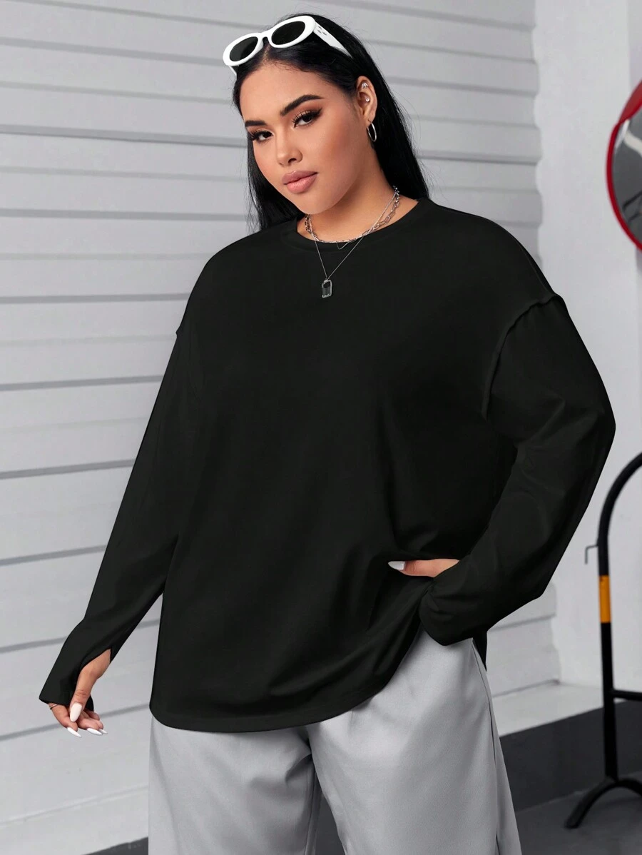 SHEIN EZwear Plus Size Solid Color Drop Shoulder T-Shirt - Black - View 1