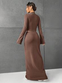SHEIN EZwear Ladies' Solid Color Blouse & Skirt Set - Brown - View 2