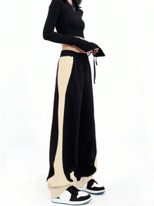 INAWLY 女士彩色拼接束腰運動褲 - 黑色 - 查看 5