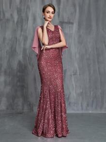 Women's Draped Back Sequin Mermaid Hem Formal Dress - Dusty Pink - View 6