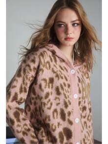 Lá thư & Hoa văn Báo Nút Lên áo có mũ Áo len Mở Áo len - Hồng - Xem 3