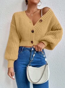 SHEIN Essnce 純色下垂肩短身開衫 - 卡其色 - 查看 3