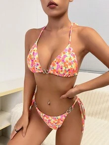 SHEIN Swim 花卉印花露肩三角泳衣套裝 - 彩色 - 查看 3