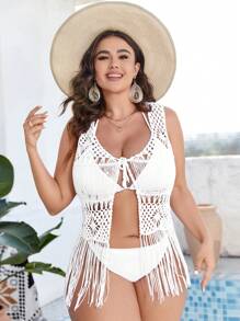 SHEIN Swim Curve 1 件大码流苏下摆钩针和服夏季 - 白色 - 查看 4