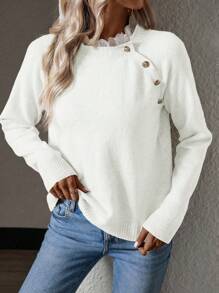 SHEIN Privé Màu thuần Đứng cổ áo Chi tiết Nút Áo len - trắng - Xem 4
