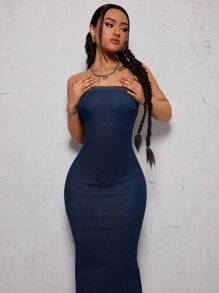 SHEIN ICON 後開叉束腰牛仔無肩帶修身連衣裙 - 藍色 - 查看 5