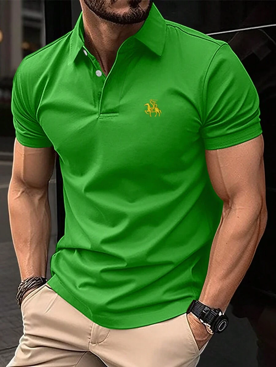 Manfinity Homme Áo thun polo tay ngắn thêu họa tiết cưỡi ngựa thường ngày cho nam, dùng khi đi chơi, dành cho chồng - màu xanh lá - Xem 1