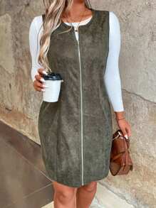 SHEIN LUNE Plus Size Sleeveless Zipper Up Shift Dress - Army Green - View 4