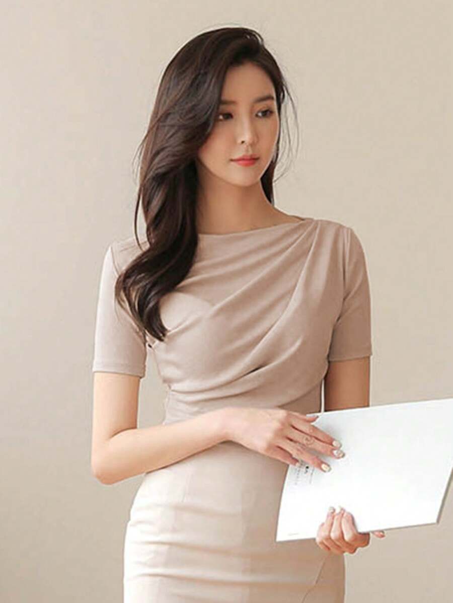 DAZY Solid Color Short Sleeve T-shirt With Pleats - Apricot - View 1