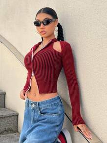 SHEIN ICON Ladies' Sleeveless Cutout Shoulder Zipper Front Cardigan With Striped Pattern - Multicolor - View 6