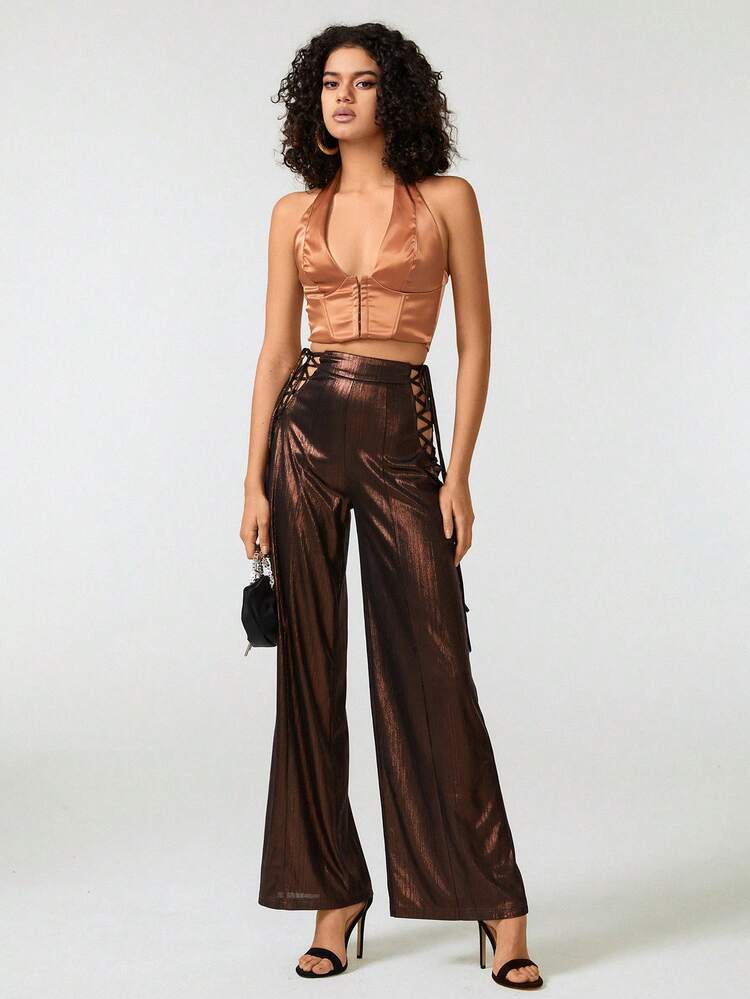 Designer Women Lace Up Side Wide Leg Pants, For Summer, Holiday, Festival